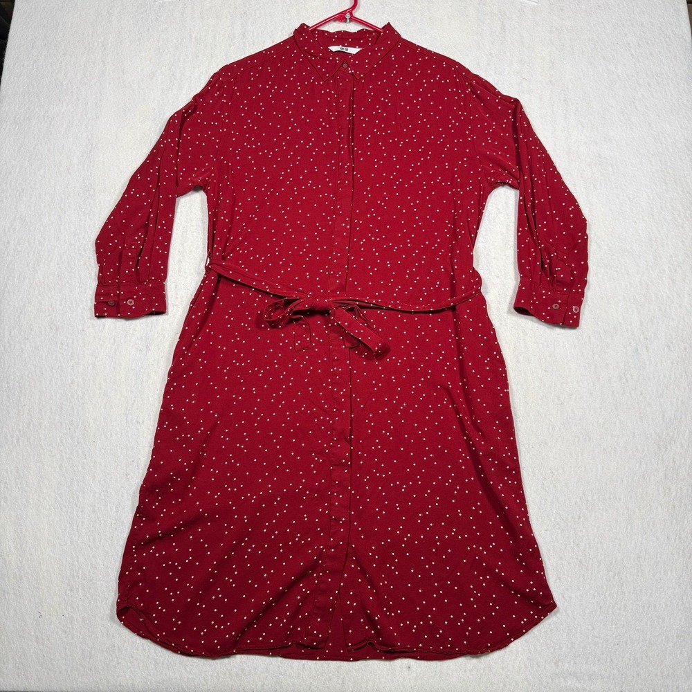 Uniqlo Womens Red Polka Dot Long Sleeve Button Front Belted Shirt Dress Size M
